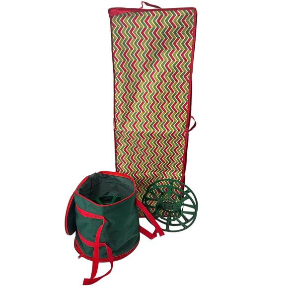 Set Of Red Wrapping Paper Organizer & Green Christmas Lights Reel Storage W/ Bag - Picture 1 of 7